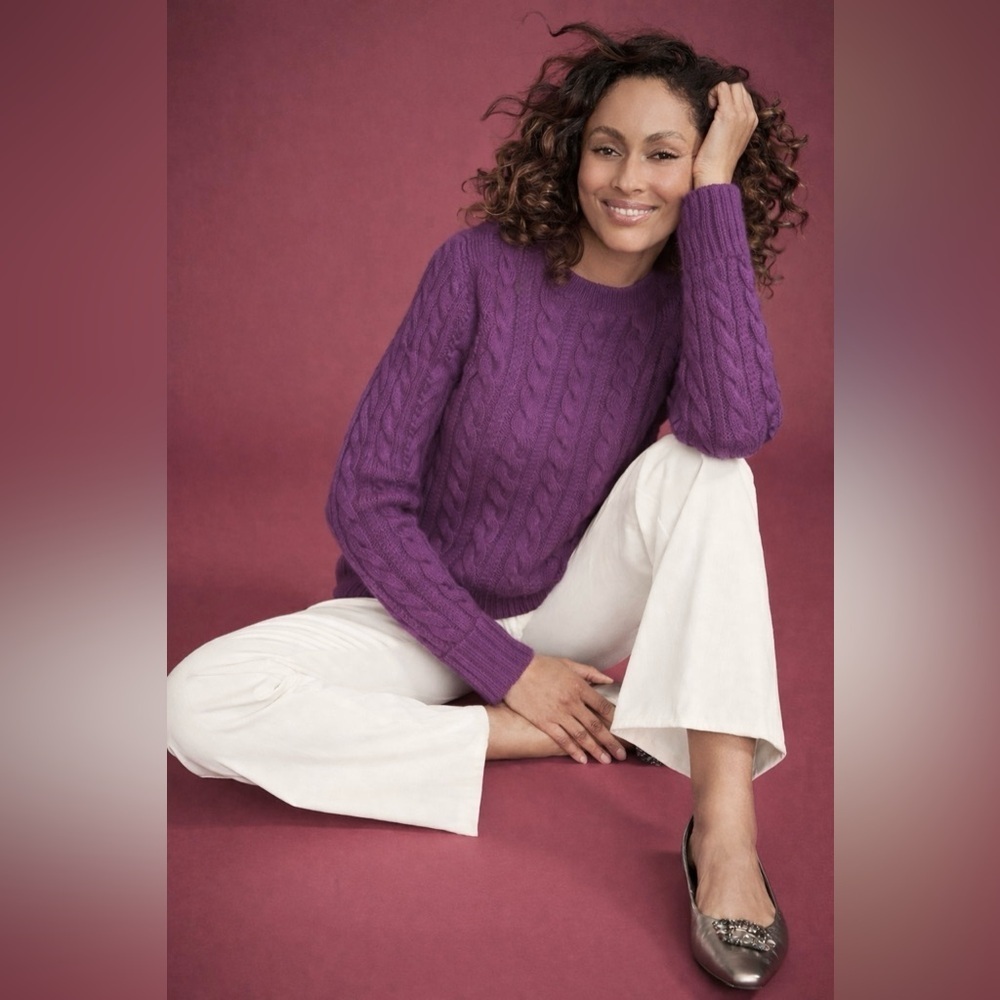 NWT Talbots Petite Small Cable Knit Crewneck Sweater Purple Button Shoulder PS